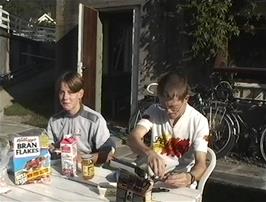 Breakfast outside our room at Skjolden youth hostel with the magnificent river just metres away from our table